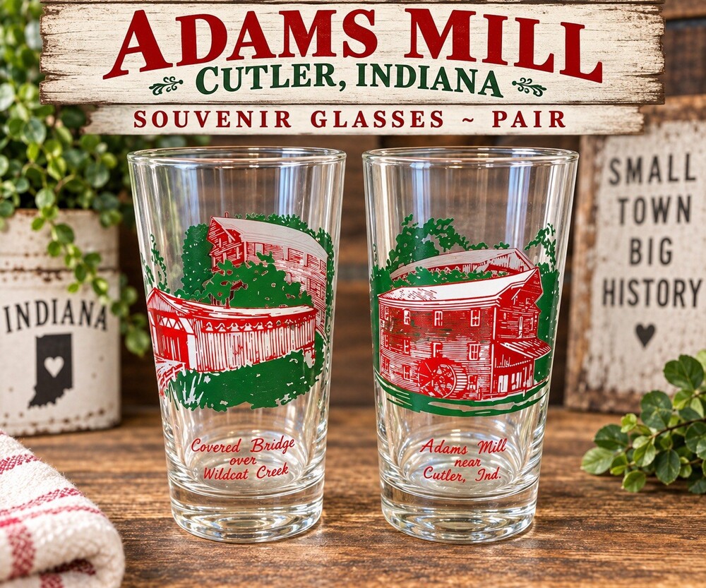 Vintage Adams Mill Cutler Indiana Souvenir Glasses Covered Bridge Pair IN